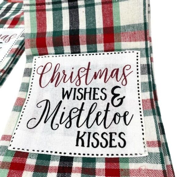 Christmas Wishes & Mistletoe Kisses Plaid Kitchen Towel Set New - Picture 5 of 8